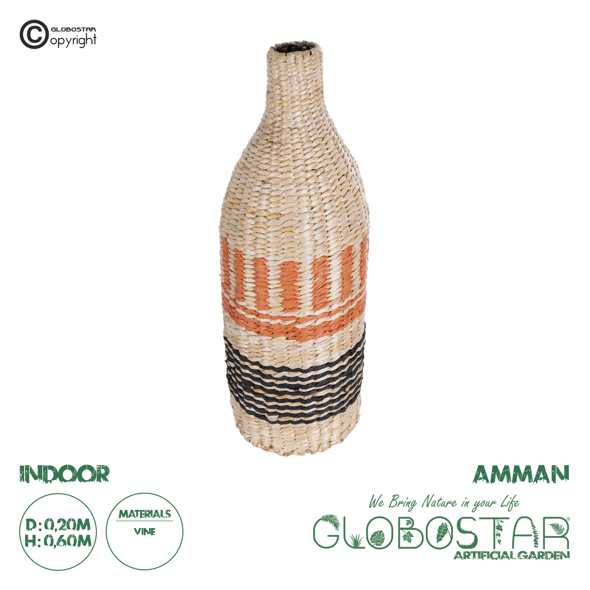GloboStar® Artificial Garden AMMAN 21244 Διακοσμητικό Πλεκτό Καλάθι - Κασπώ Γλάστρα - Flower Pot Μπεζ με Μαύρο & Πορτοκαλί Φ20cm x Υ60cm