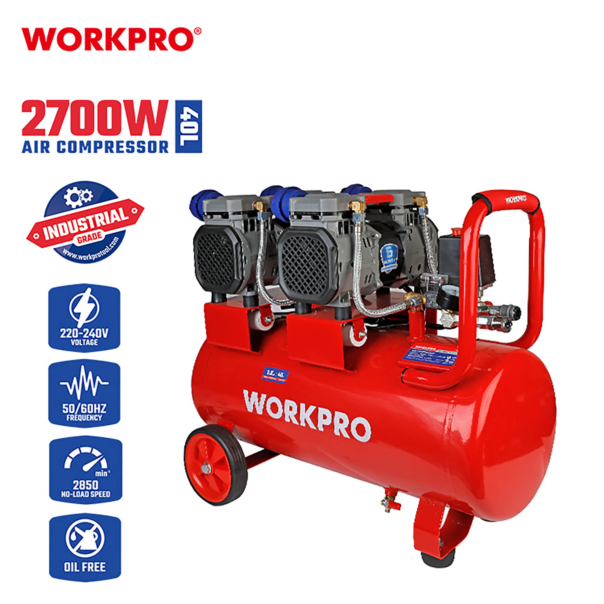 ΑΕΡΟΣΥΜΠΙΕΣΤΗΣ ΕΠΑΓΓΕΛΜΑΤΙΚΟΣ 40L 1,8HP 2x1350W (ΧΑΜΗΛΟΥ ΘΟΡΥΒΟΥ) WP425003 WORKPRO (PROFI)