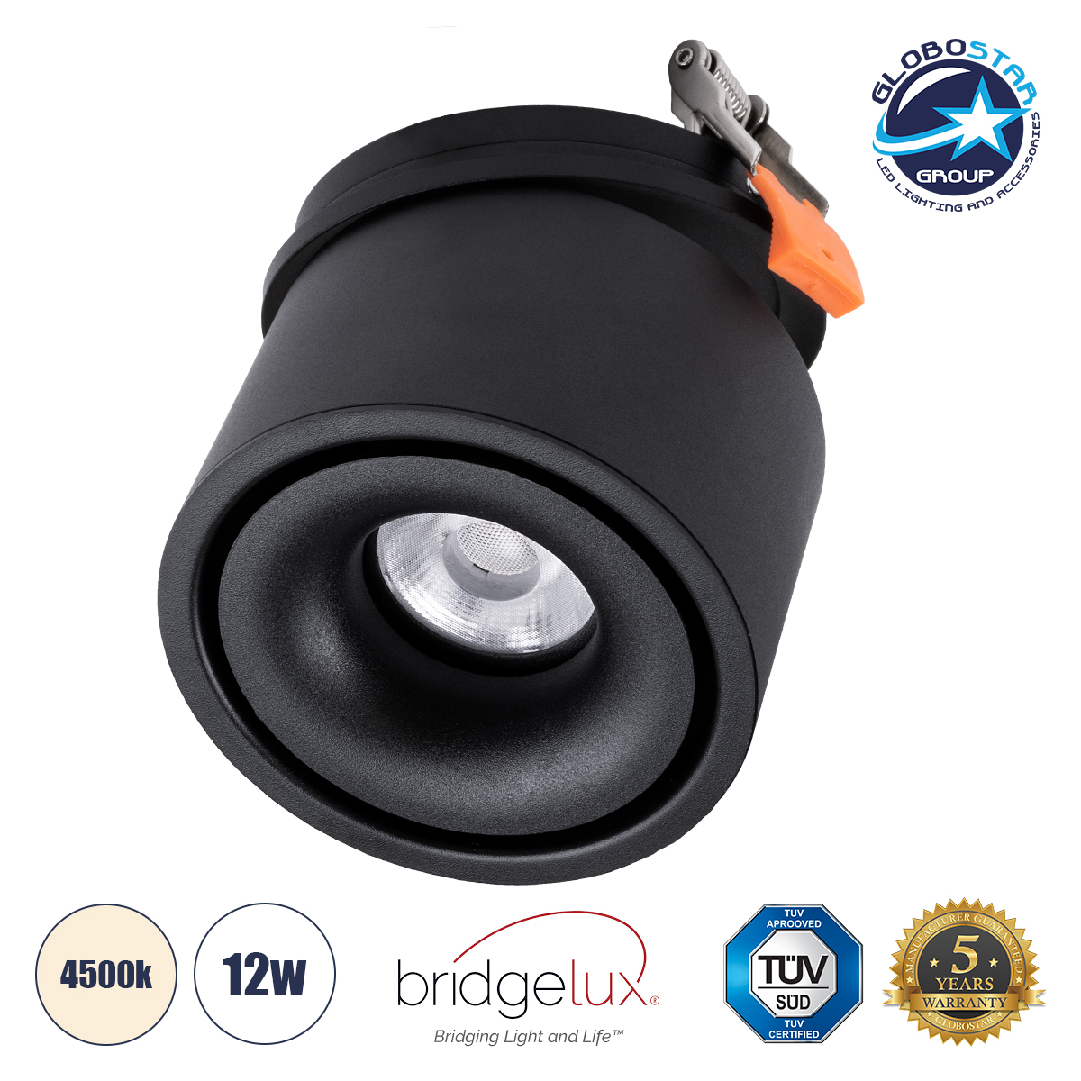 GLOBOSTAR® OMEGA-R 60296 Χωνευτό Κινούμενο Downlight Σποτ LED 12W 1560lm 36° AC 220-240V IP20 Φυσικό Λευκό 4500K - Bridgelux COB Chip & TÜV SÜD Driver - Μαύρο Ματ - Μ10 x Π10 x Υ8.2cm / Q9cm - 5 Χρόνια Εγγύηση