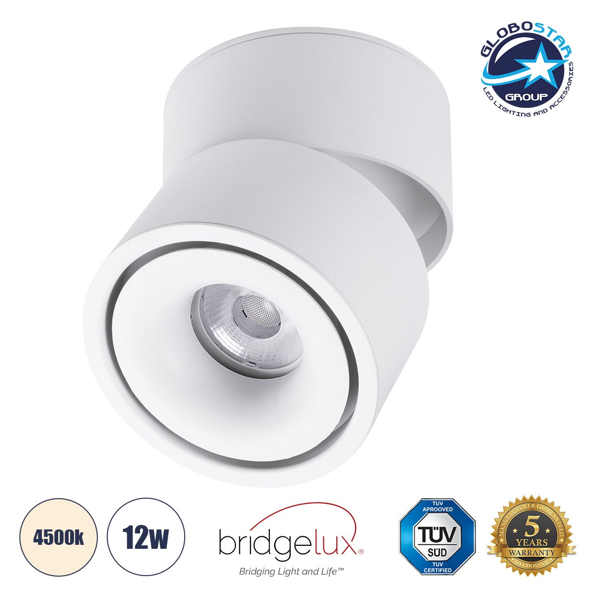 GLOBOSTAR® OMEGA-S 60298 Κινούμενο Downlight Σποτ LED 12W 1560lm 36° AC 220-240V IP20 Φυσικό Λευκό 4500K - Bridgelux COB Chip & TÜV SÜD Driver - Λευκό Ματ - Μ10 x Π10 x Υ10.5cm - 5 Χρόνια Εγγύηση