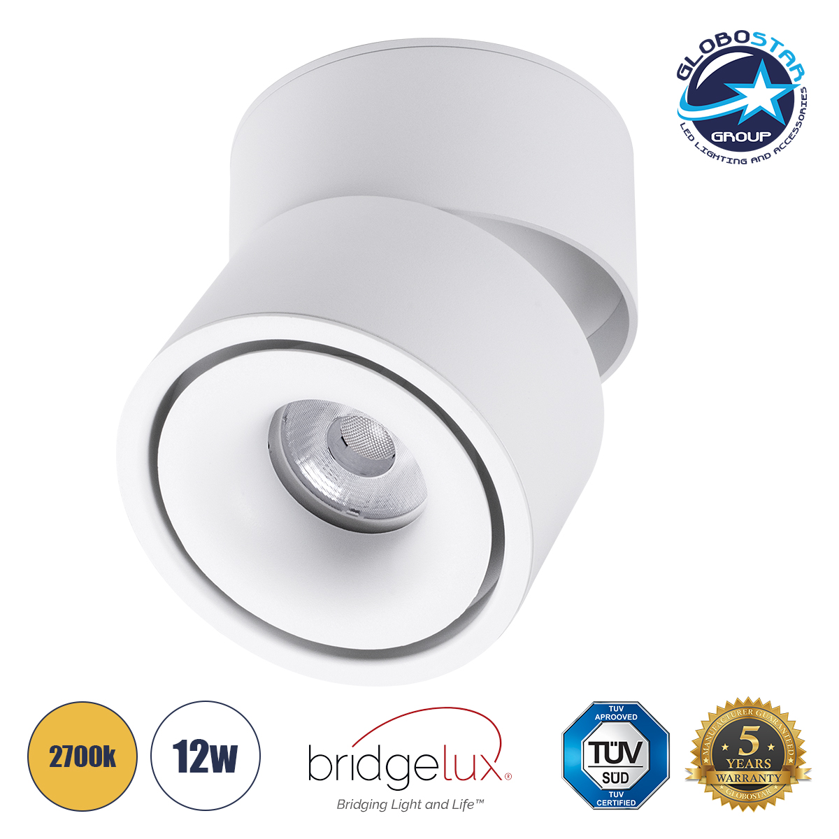 GLOBOSTAR® OMEGA-S 60299 Κινούμενο Downlight Σποτ LED 12W 1500lm 36° AC 220-240V IP20 Θερμό Λευκό 2700K - Bridgelux COB Chip & TÜV SÜD Driver - Λευκό Ματ - Μ10 x Π10 x Υ10.5cm - 5 Χρόνια Εγγύηση