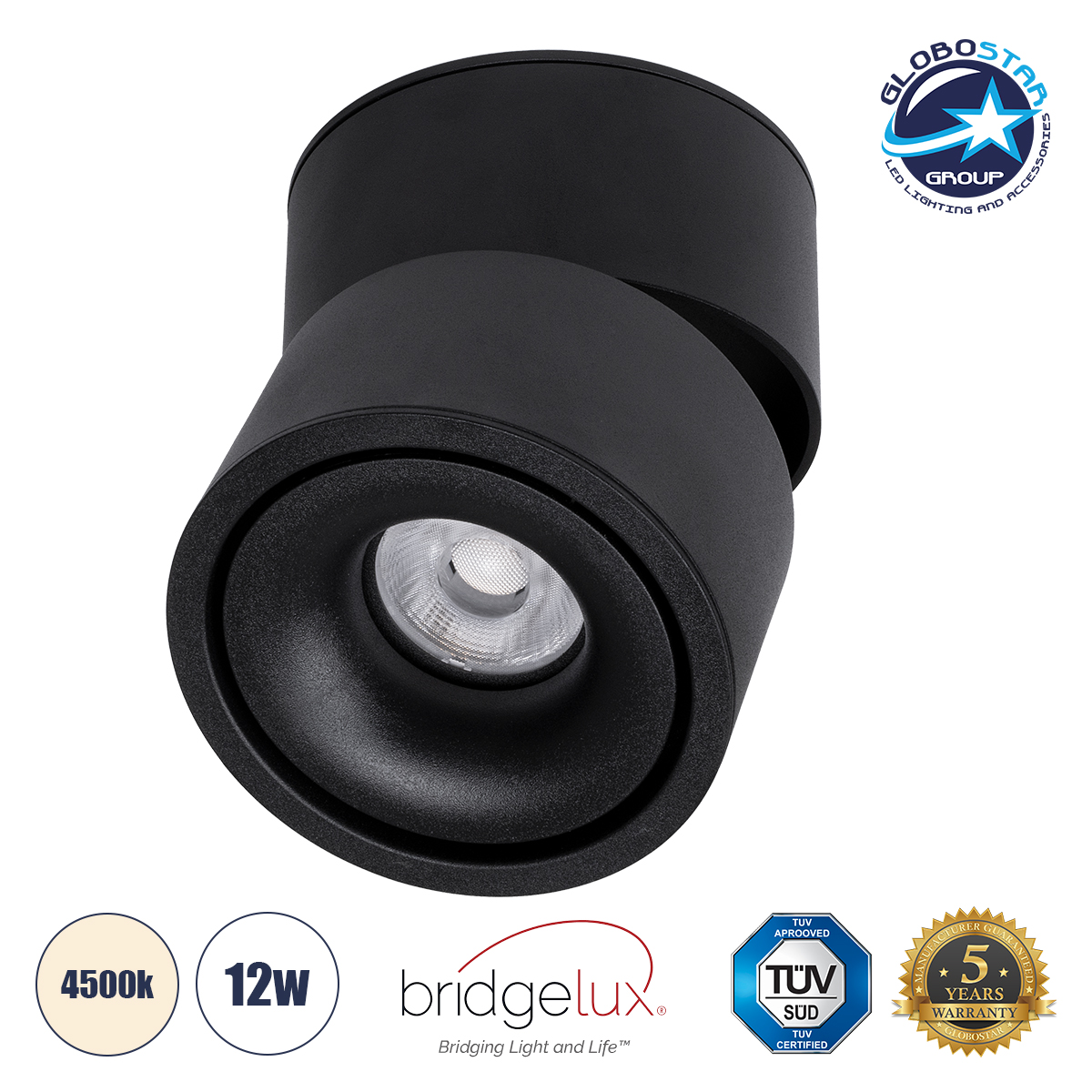 GLOBOSTAR® OMEGA-S 60300 Κινούμενο Downlight Σποτ LED 12W 1560lm 36° AC 220-240V IP20 Φυσικό Λευκό 4500K - Bridgelux COB Chip & TÜV SÜD Driver - Μαύρο Ματ - Μ10 x Π10 x Υ10.5cm - 5 Χρόνια Εγγύηση