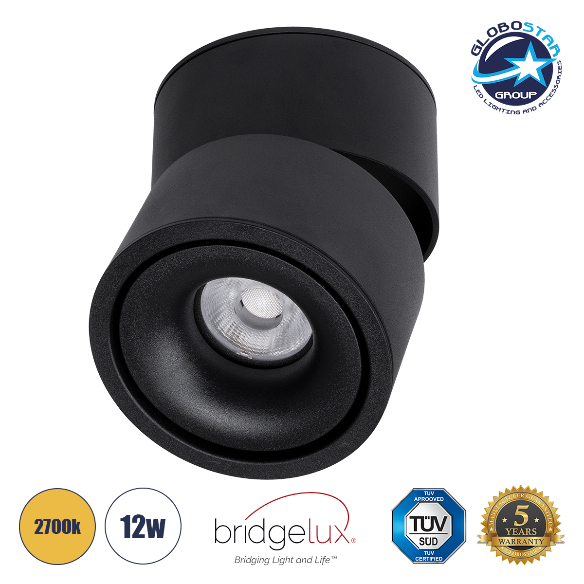 GLOBOSTAR® OMEGA-S 60301 Κινούμενο Downlight Σποτ LED 12W 1500lm 36° AC 220-240V IP20 Θερμό Λευκό 2700K - Bridgelux COB Chip & TÜV SÜD Driver - Μαύρο Ματ - Μ10 x Π10 x Υ10.5cm - 5 Χρόνια Εγγύηση