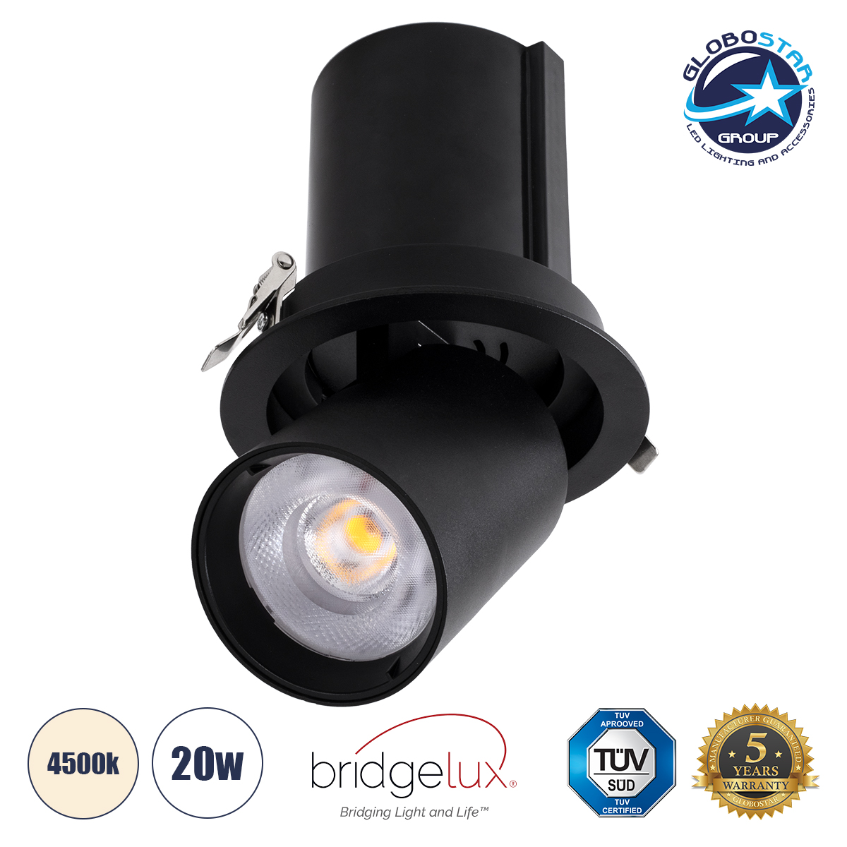 GLOBOSTAR® VIRGO-B 60312 Χωνευτό Κινούμενο Downlight Σποτ LED 20W 2600lm 36° AC 220-240V IP20 Φυσικό Λευκό 4500K - Bridgelux COB Chip & TÜV SÜD Driver - Μαύρο Ματ - Μ13.5 x Π13.5 x Υ14cm / Q11.5cm - 5 Χρόνια Εγγύηση