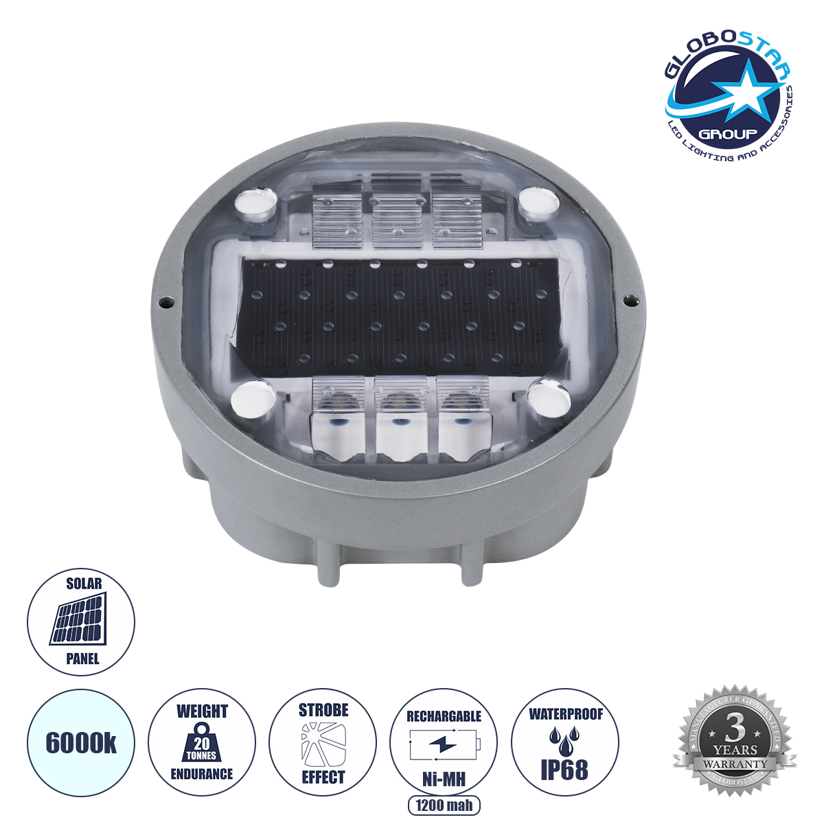 GloboStar® ROADER 60367 Professional LED Strobe Αυτόνομος Ηλιακός Χωνευτός Ανακλαστήρας Οδοστρώματος με Ενσωματωμένο Φωτοβολταϊκό Panel 2.5V 220mA & Επαναφορτιζόμενη Μπαταρία Ni-MH 1.2V 1200mAh - Αδιάβροχο IP68 - Ψυχρό Λευκό 6000K - Max Pass Load 20 Τόνοι - Φ12.5 x Υ7.7cm - 3 Years Warranty