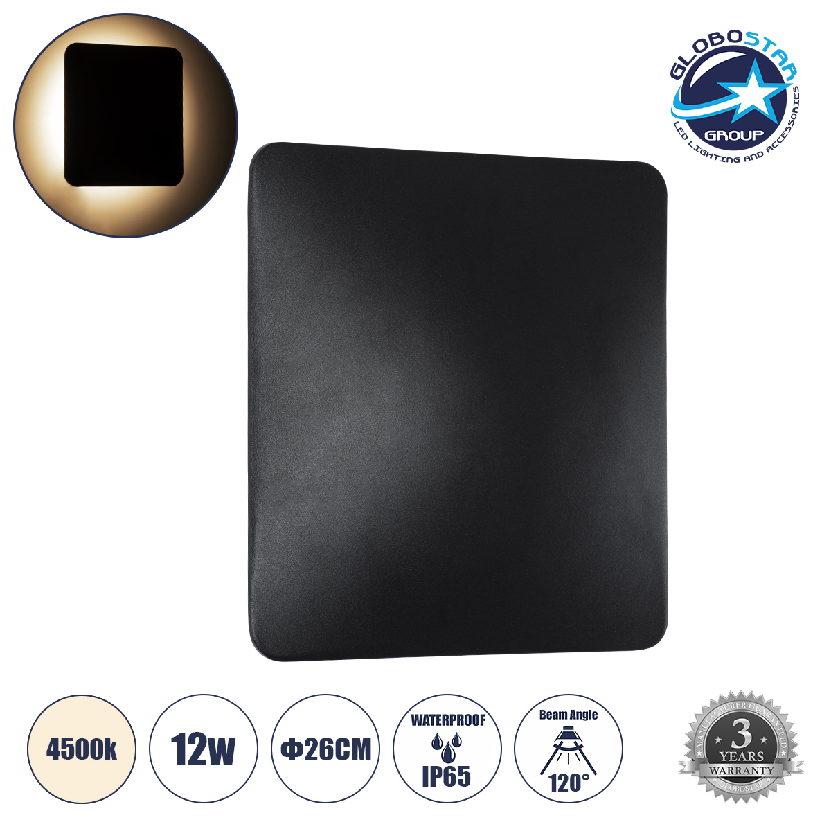 GLOBOSTAR® HELIO-S 60497 Μοντέρνο Φωτιστικό Τοίχου - Απλίκα LED 12W 1440lm 120° AC 220-240V Αδιάβροχο IP65 Φυσικό Λευκό 4500K - Lumileds SMD Chip & TÜV SÜD Driver - Μαύρο Ματ - Μ26 x Π5 x Υ26cm - 5 Χρόνια Εγγύηση