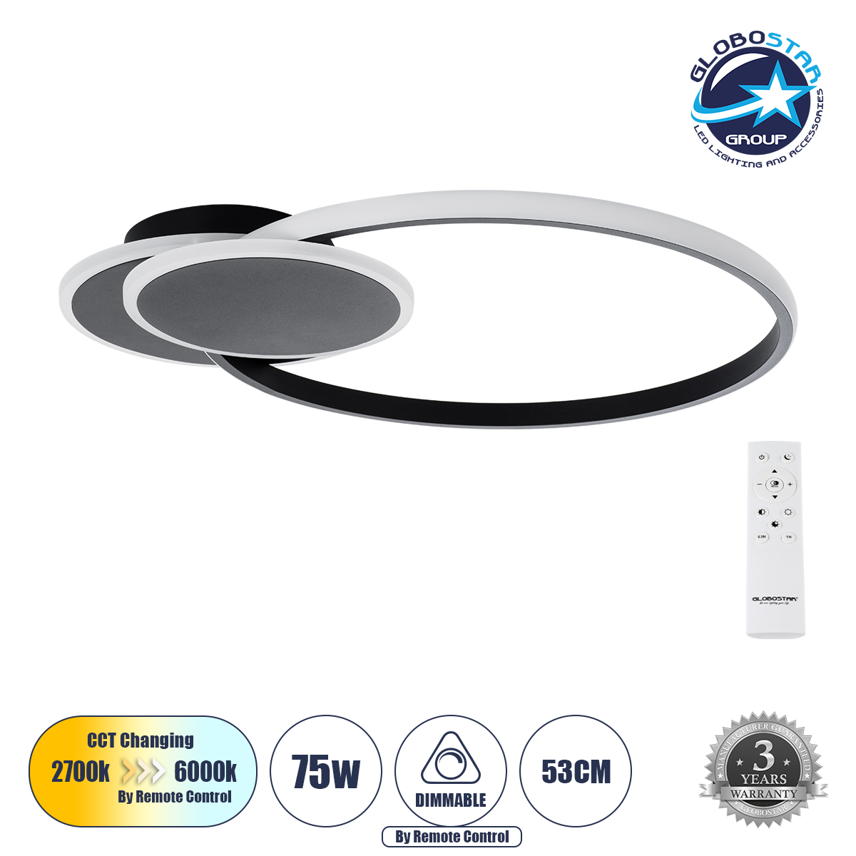 GLOBOSTAR® CIRCUO 61229 Μοντέρνο Φωτιστικό Οροφής LED 75W 8400lm 360° AC 220-240V IP20 Ρυθμιζόμενο Λευκό CCT με Χειριστήριο από 2700K έως 6000K Dimmable - Lumileds SMD Chip - Μαύρο Ματ - Μ53 x Π42.5 x Υ9cm - 3 Χρόνια Εγγύηση