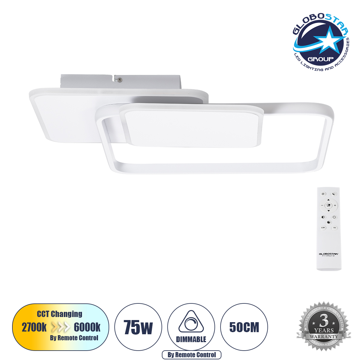 GLOBOSTAR® SQUARO 61232 Μοντέρνο Φωτιστικό Οροφής LED 75W 8400lm 360° AC 220-240V IP20 Ρυθμιζόμενο Λευκό CCT με Χειριστήριο από 2700K έως 6000K Dimmable - Lumileds SMD Chip - Λευκό Ματ - Μ48.5 x Π51 x Υ9cm - 3 Χρόνια Εγγύηση