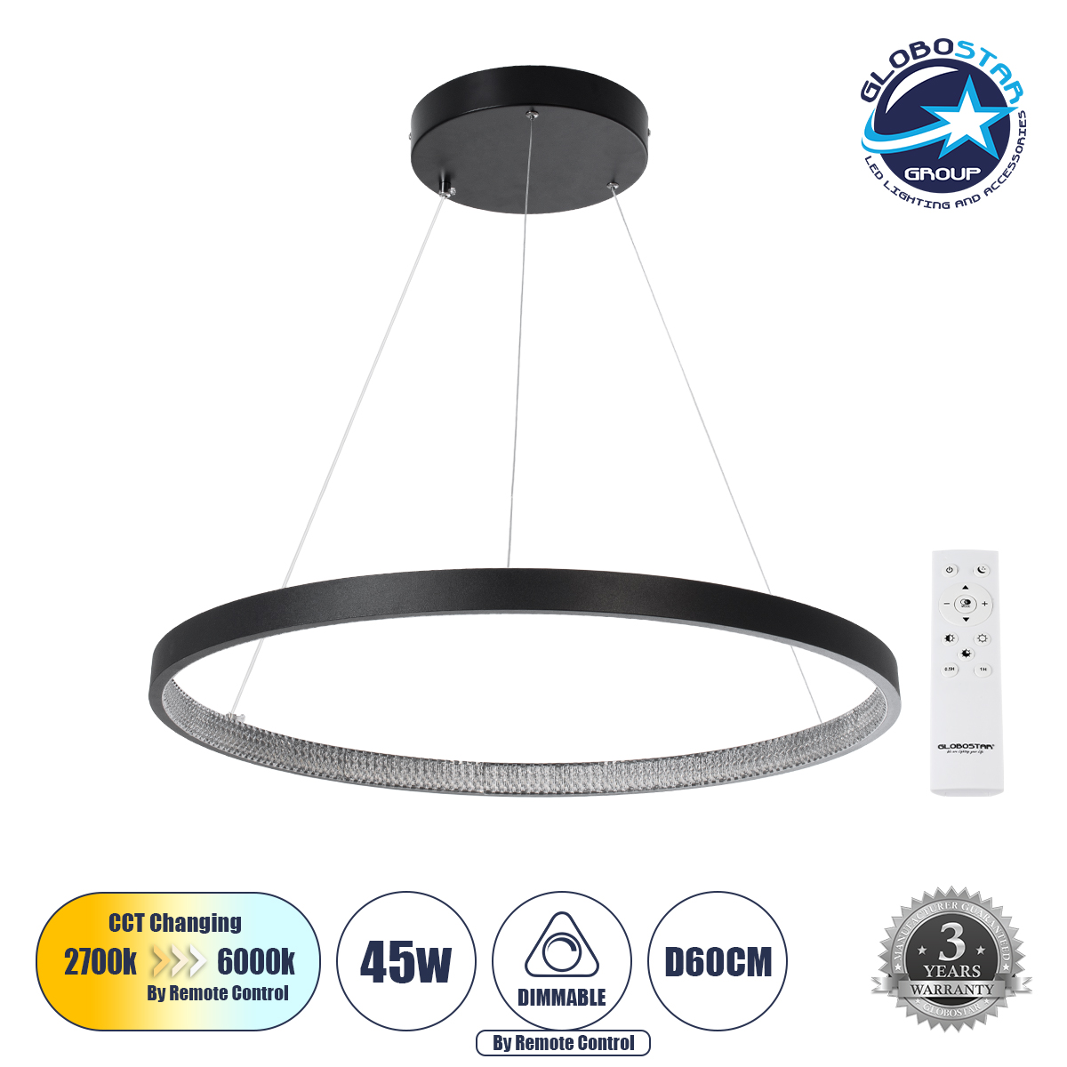GLOBOSTAR® DIAMOND 61522 Μοντέρνο Κρεμαστό Φωτιστικό Οροφής LED 45W 5040lm 360° AC 220-240V IP20 Ρυθμιζόμενο Λευκό CCT με Χειριστήριο από 2700K έως 6000K Dimmable - Lumileds SMD Chip - Μαύρο Ματ - Μ60 x Π60 x Υ3cm - 3 Χρόνια Εγγύηση