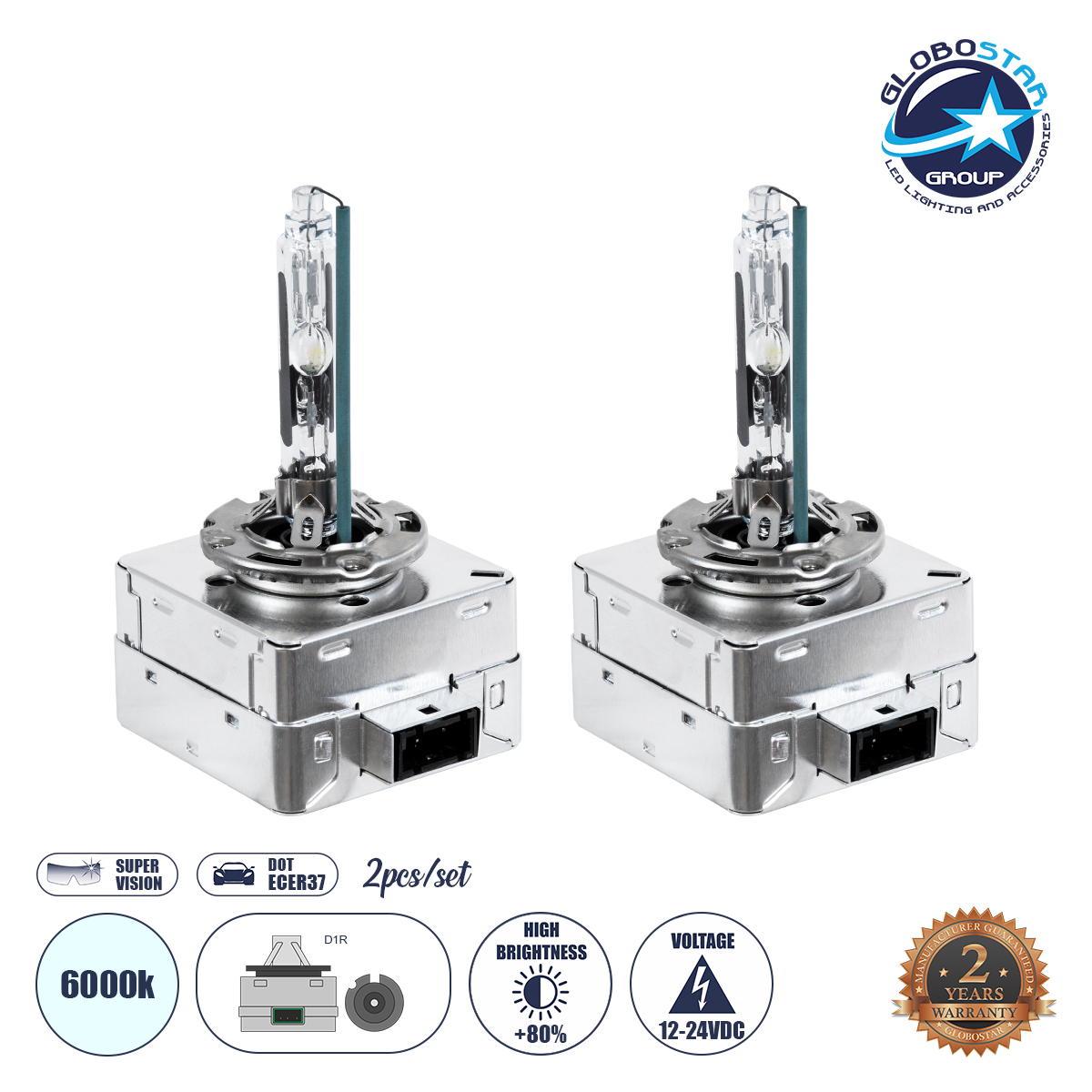 GLOBOSTAR® HID 84041 Λάμπα Xenon D1R Super Vision Υψηλής Φωτεινότητας +80% CANbus DOT ECER37 55W/110W 5000lm/10000lm 360° DC 12-24V Αδιάβροχο IP65 Ψυχρό Λευκό 6000K - Μ4 x Π5 x Υ8cm - Πακέτο 2 Τεμαχίων - 2 Χρόνια Εγγύηση