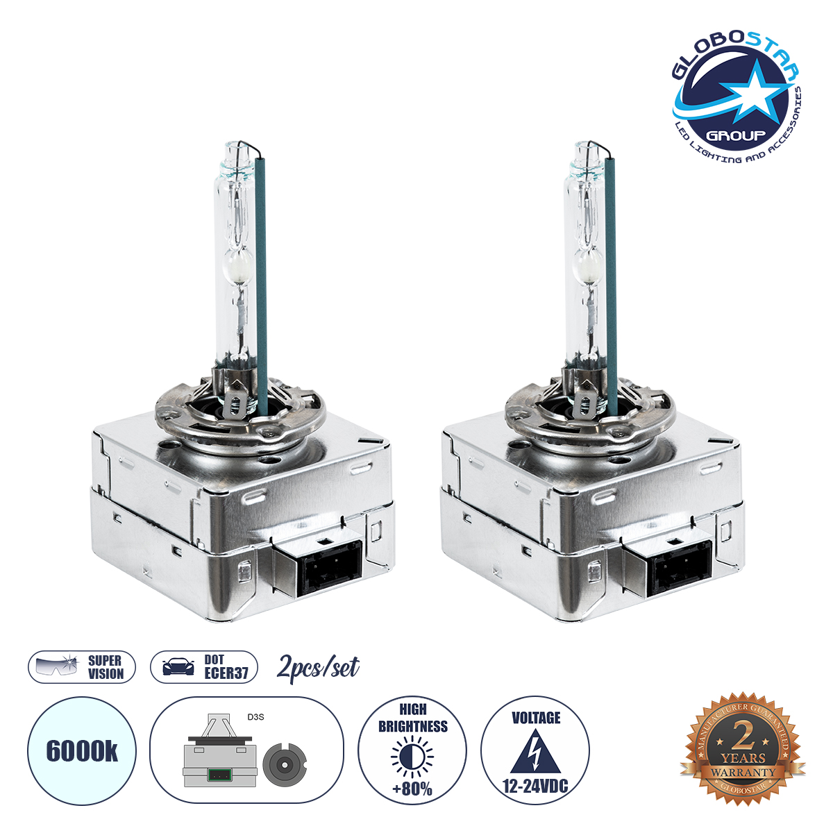 GLOBOSTAR® HID 84044 Λάμπα Xenon D3S Super Vision Υψηλής Φωτεινότητας +80% CANbus DOT ECER37 55W/110W 5000lm/10000lm 360° DC 12-24V Αδιάβροχο IP65 Ψυχρό Λευκό 6000K - Μ4 x Π5 x Υ8cm - Πακέτο 2 Τεμαχίων - 2 Χρόνια Εγγύηση