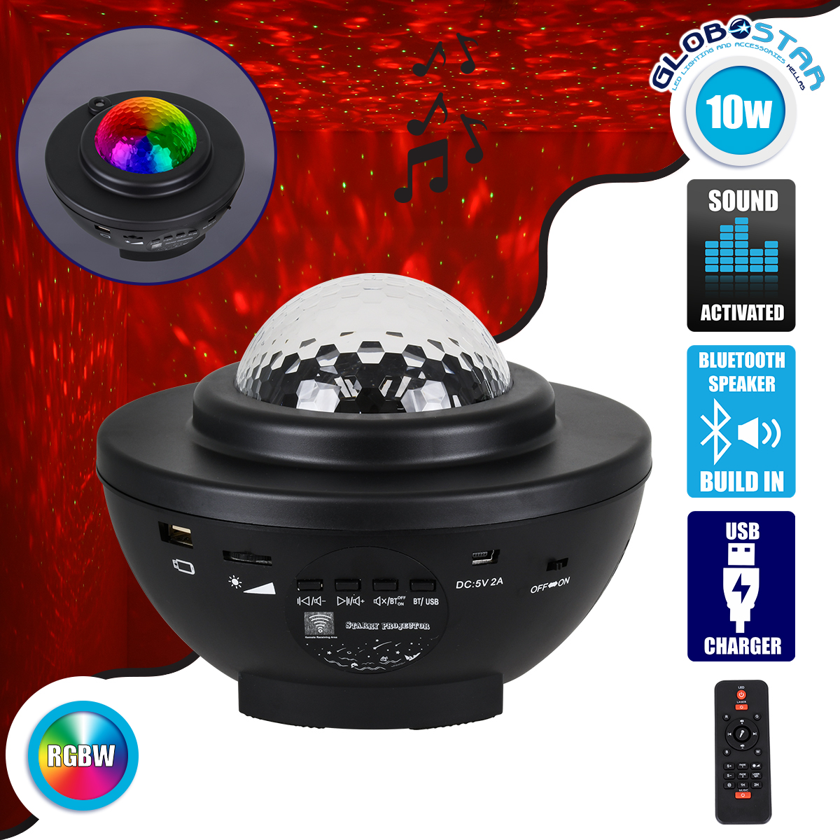 GloboStar® 85817 Μαύρο Επιτραπέζιο Διακοσμητικό Φωτιστικό Ειδικών Εφε NIGHT GALAXY WORLD 3D LED 10W DC 5V 2200mAh Επαναφορτιζόμενο με Bluetooth Speaker - Sound Activated - Καλώδιο Τροφοδοσίας USB και Ασύρματο Χειριστήριο RF 2.4Ghz Πολύχρωμo RGBW Dimmable