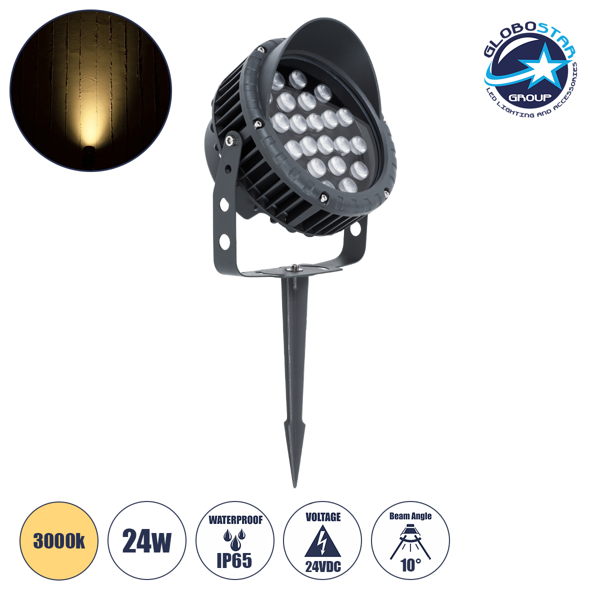 GLOBOSTAR® TREEVINA 90360 Φωτιστικό Σποτ με Αντιθαμβωτική Γρίλια για Φυτά - Δέντρα με Βάση Κήπου / Καρφωτό LED 24W 2640lm 10° DC 24V Αδιάβροχο IP65 Θερμό Λευκό 2700K Dimmable - Bridgelux SMD Chip - Γκρι Ανθρακί - Μ21.5 x Π18.3 x Υ14cm - 3 Χρόνια Εγγύηση