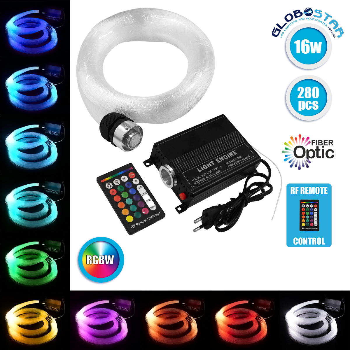 GLOBOSTAR® LUMOFIBRA 79614 Σύστημα Οπτικής Ίνας με RF Ασύρματο Χειριστήριο με 280 Οπτικές Ίνες Φ1mm Μήκους 2 Μέτρων LED 16W 1600lm 1° AC 220-240V IP20 Πολύχρωμο RGBW - Μ11.5 x Π9.5 x Υ5.5cm - 2 Χρόνια Εγγύηση