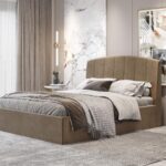 Κρεβάτι διπλό "BED6" με στρώμα από ύφασμα σε χρώμα κάμελ 160x200