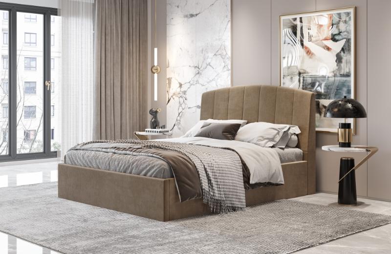 Κρεβάτι διπλό "BED6" με στρώμα από ύφασμα σε χρώμα κάμελ 160x200
