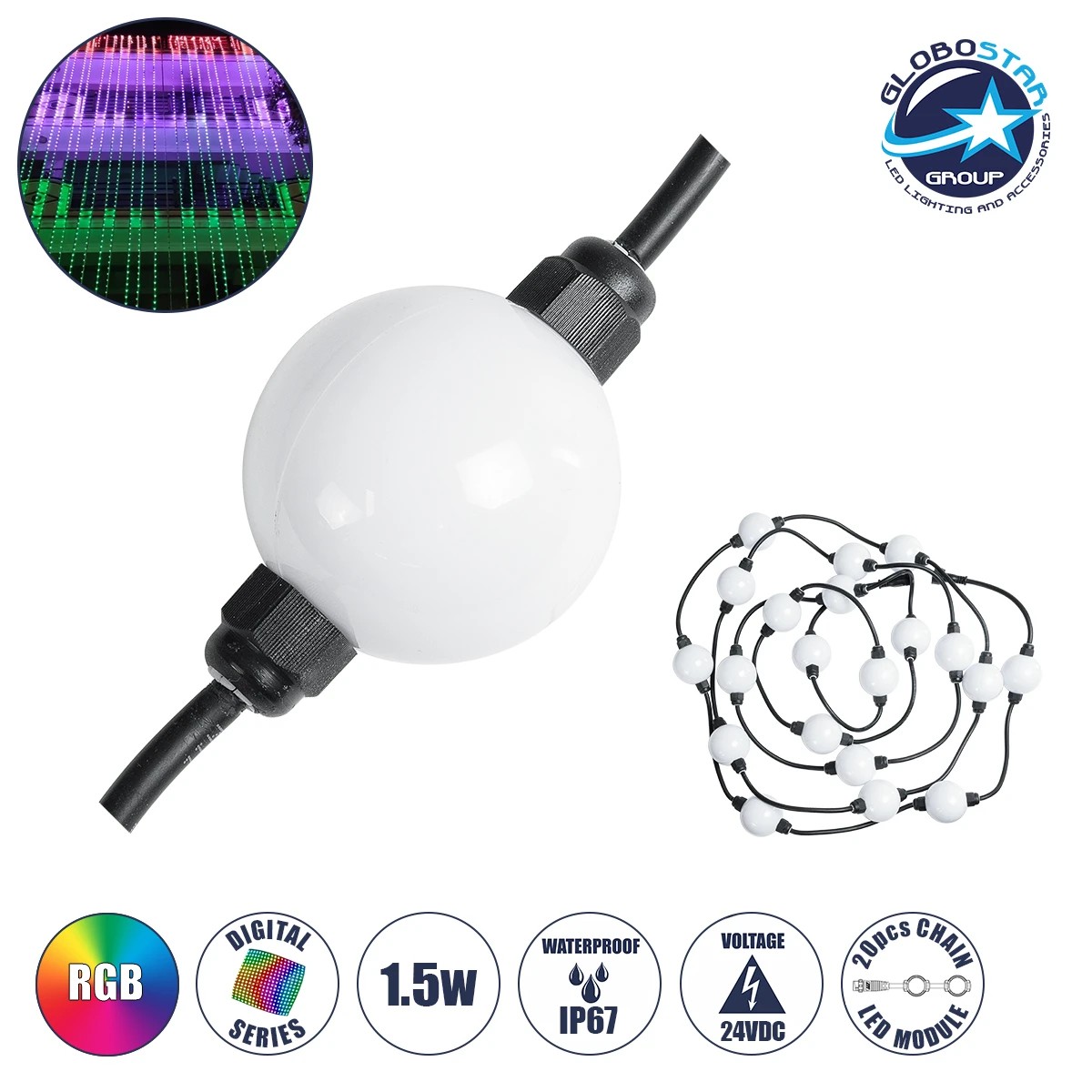 GLOBOSTAR® DIGICHAIN 73722 Ψηφιακή Pixel Addressable Γιρλάντα LED 28W 1400lm 360° DC 24V Αδιάβροχο IP65 60 x SMD3535 Chip 20 x Pixel Πολύχρωμο RGB Dimmable SPI/TTL Protocol IC WS2811/SM16703P - Sanan SMD Chip - Μ460 x Π5 x Υ5cm - Πακέτο 20 Τεμαχίων - 3 Χρόνια Εγγύηση