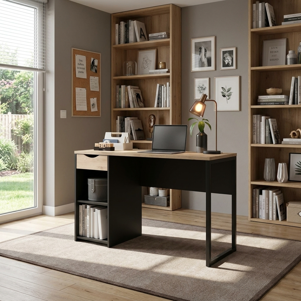 Function Plus γραφείο με ραφι και συρτάρι 130x48,4x76,5εκ. Jackson Hickory / Μαύρο